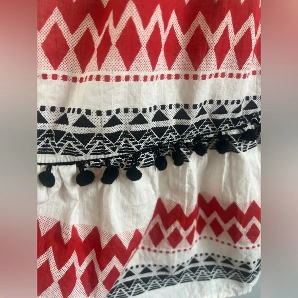 EN CRÈME Smocked Boho Pom Pom Mini Dress Red Cream Black Size XS TINY FLAW - Picture 4 of 11